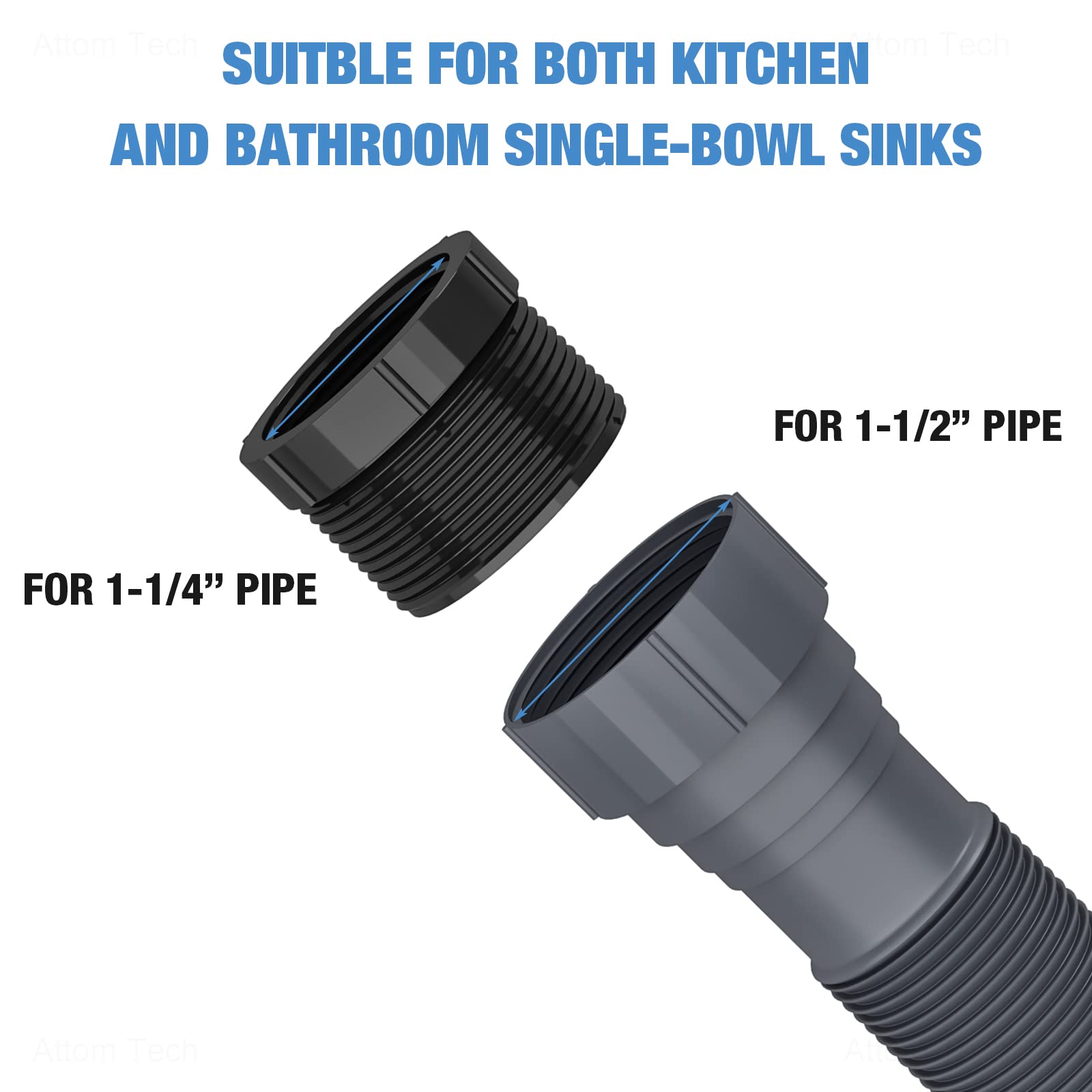 Nihome Expandable Flexible 1 1/2'' Or 1 1/4'' P-Trap Pipe For Single Kitchen Sink, With Adapter Sealing Ring Tape Drain Tubing P